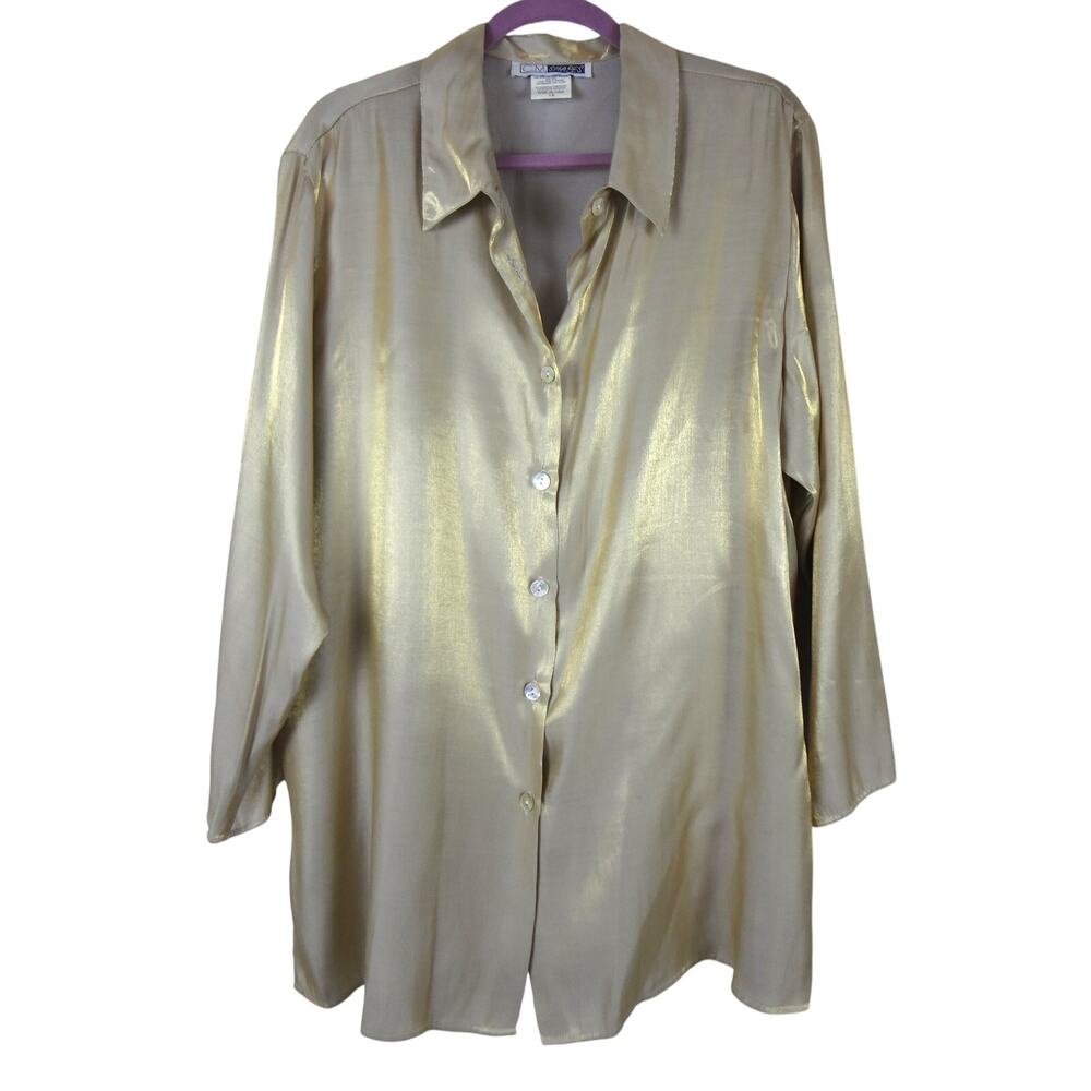 NWT Gold CM Shapes Tunic Button Down Blouse Satin Metallic Plus 1X Womens Collar